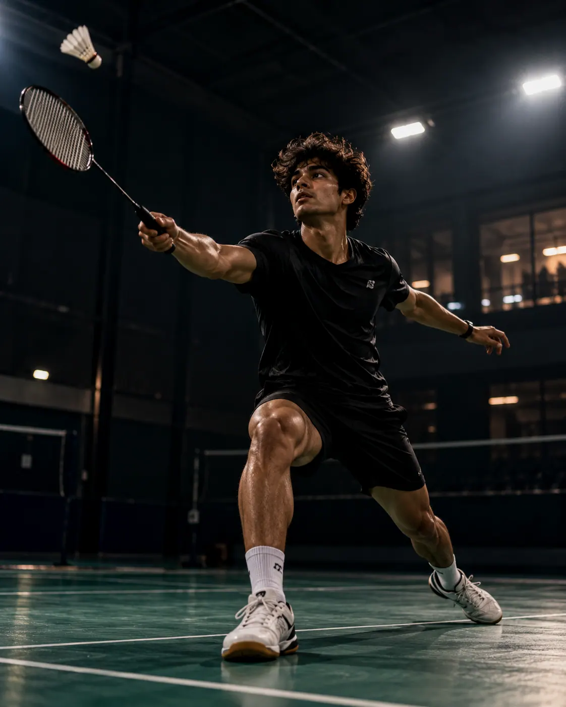 Badminton player lunging for a shuttlecock on an indoor court
