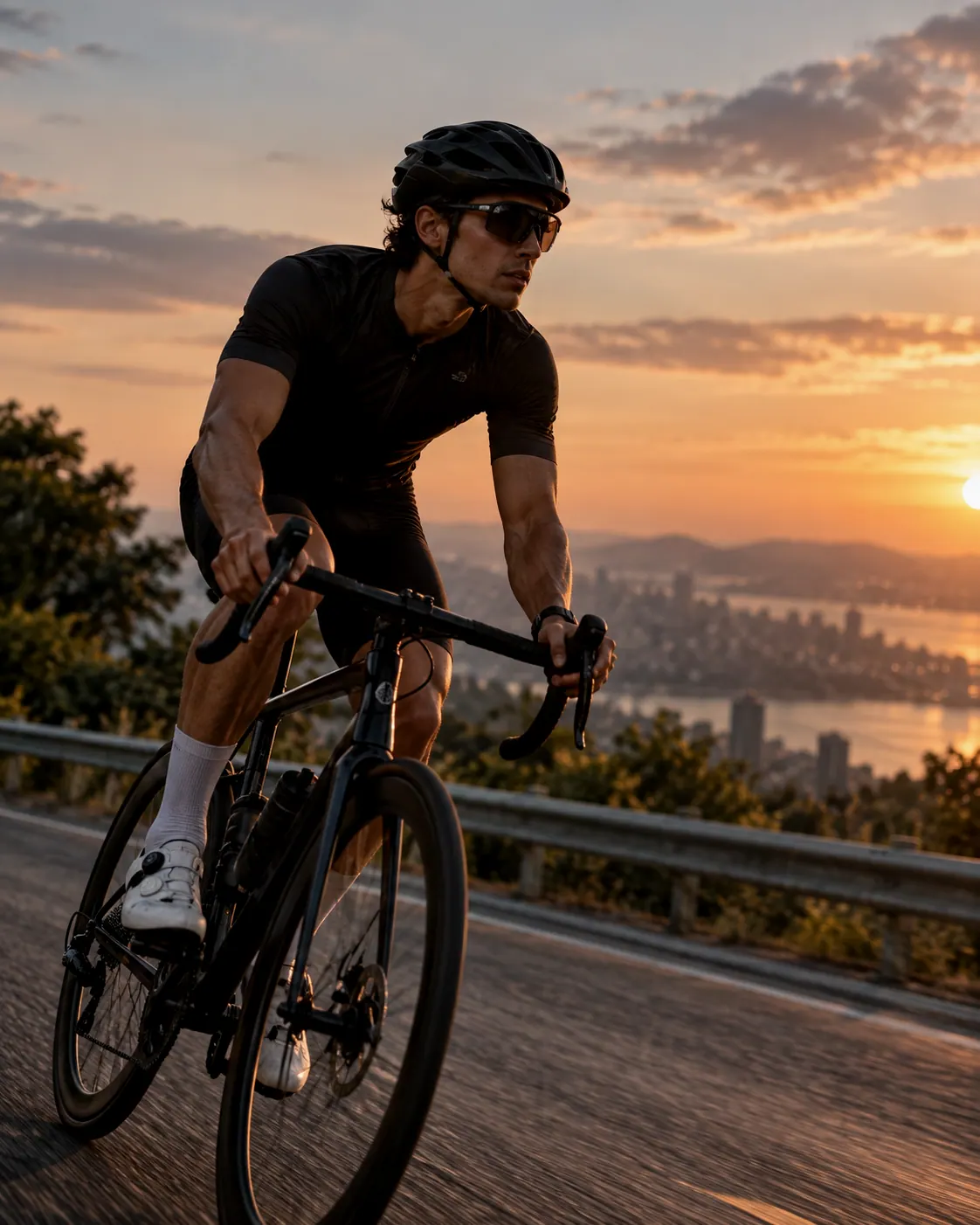 Road cyclist riding downhill at sunset above a city by the water