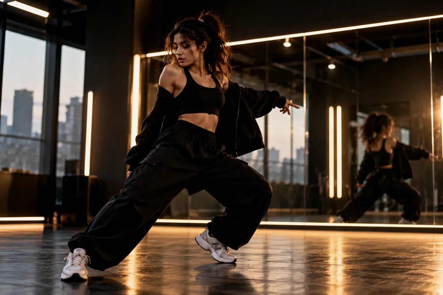Dancer in a low lunge in a mirrored studio with warm lighting