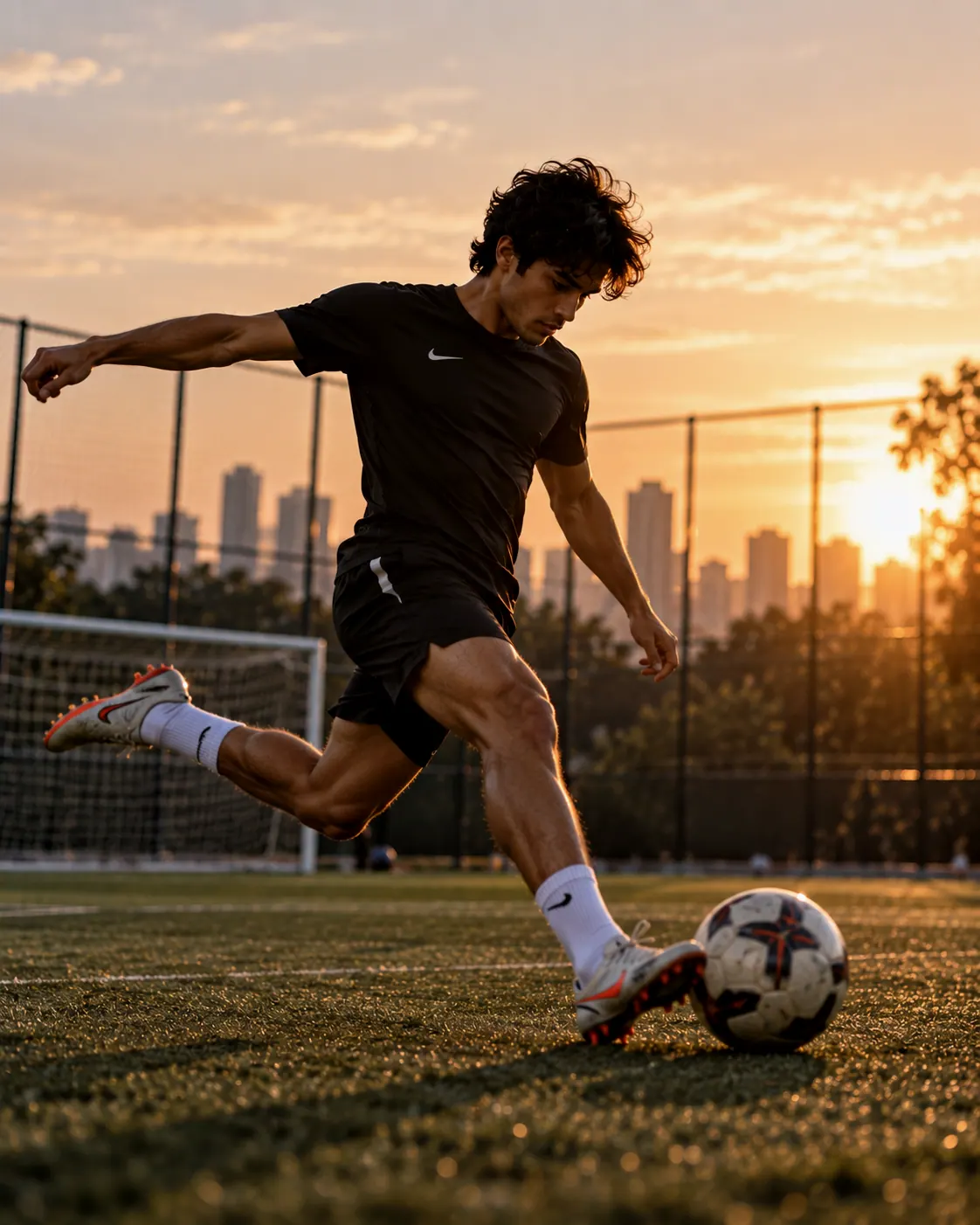Footballer striking the ball on a turf pitch at sunset