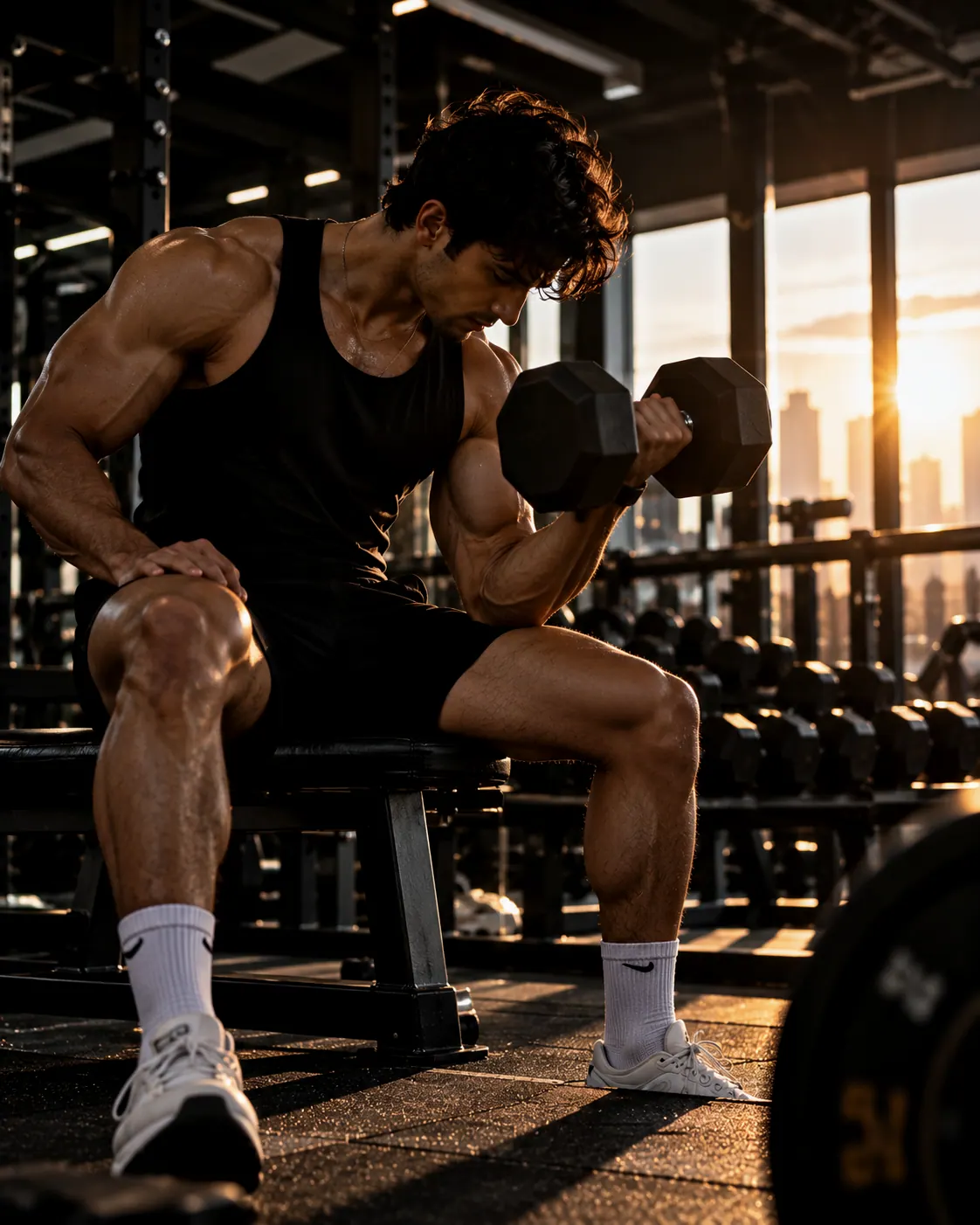 Man doing dumbbell curls on a bench in a gym at golden hour