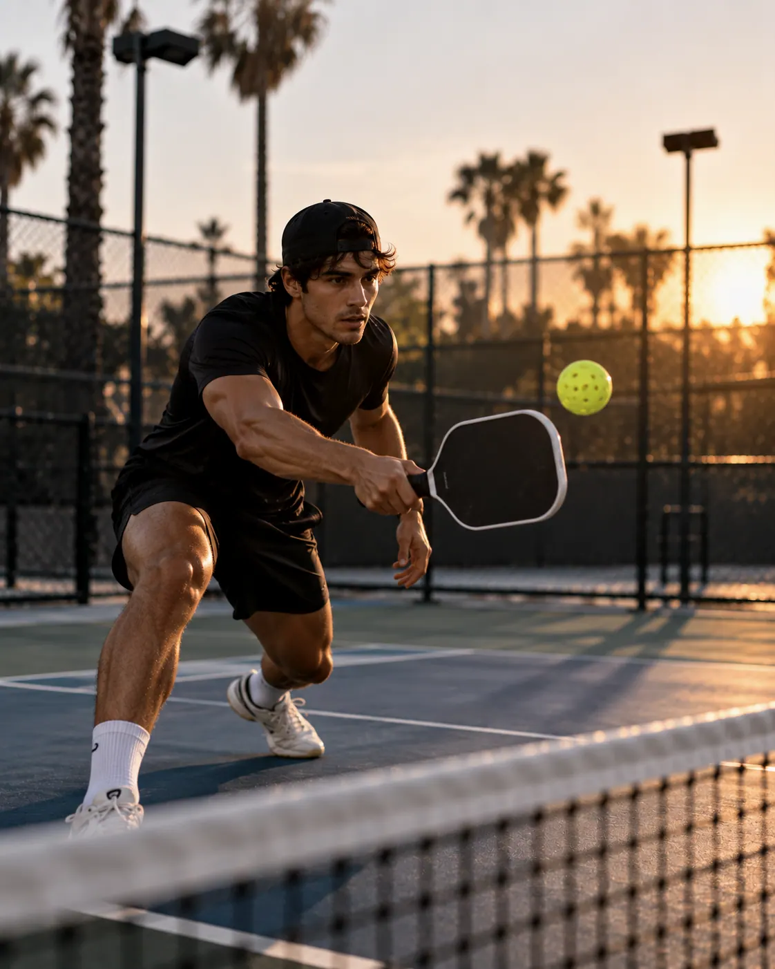 Pickleball player volleying the ball at the net at sunset