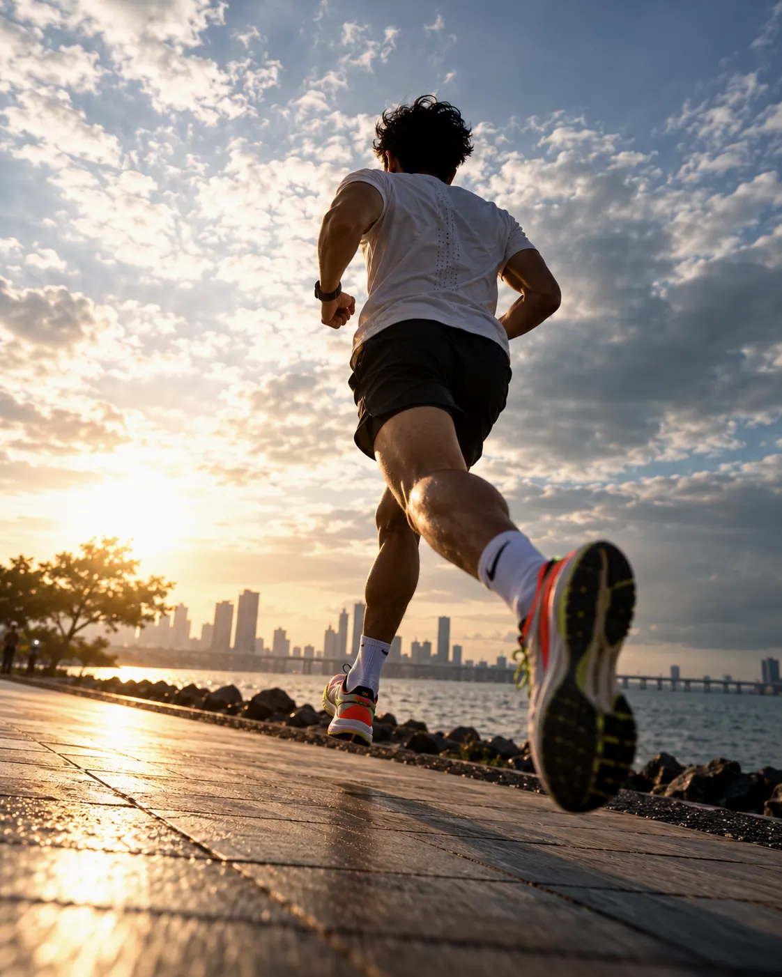 Runner sprinting along a seafront promenade at sunrise with the city skyline behind