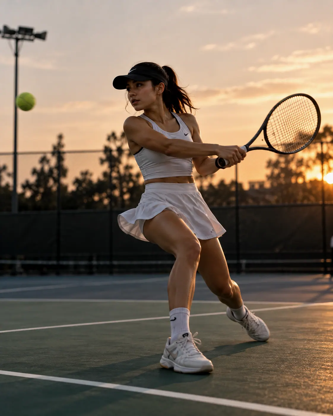 Tennis player hitting a backhand on an outdoor court at sunset