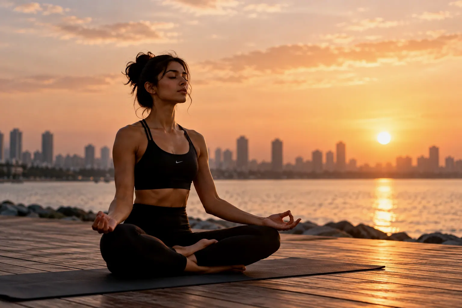 Woman meditating cross-legged on a yoga mat by the sea at sunset